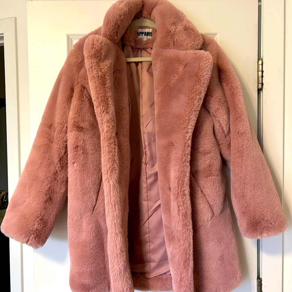 APPARIS pink faux fur coat, size small